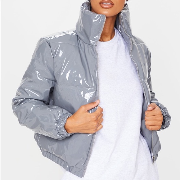 Grey Cropped Vinyl Puffer Jacket | Poshmark